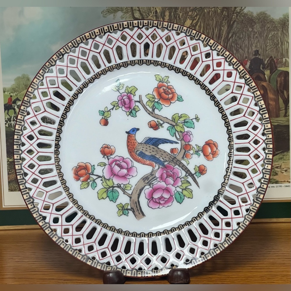 Antique  Victoria Austria Open lace  with Pheasant & Floral Pattern 1 Plate 9”